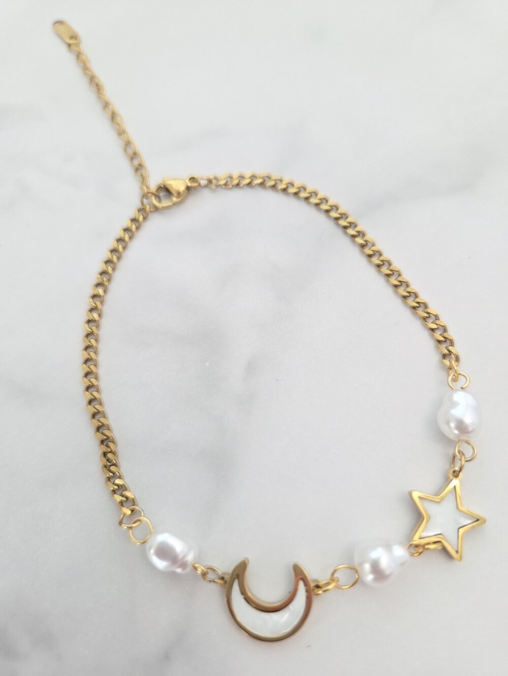 Gold Celestial Anklet Pearl Crescent Moon Star Charm Bracelet - Picture 13 of 16